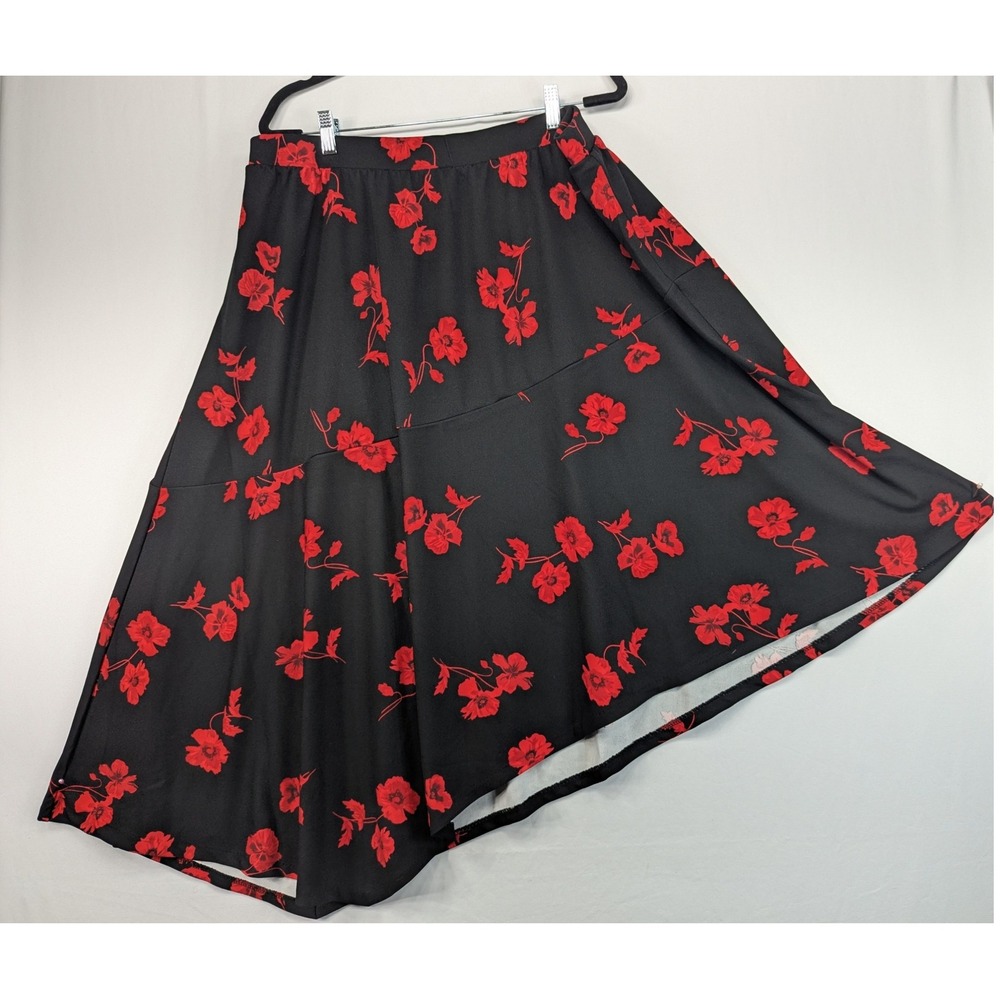 Lane‎ Bryant Womens 18/20 Black Red Floral Asymmetrical Handkerchief Midi Skirt